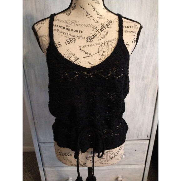 SO y2k crotchet cottage core feminine tie front tassel black top large - Picture 3 of 8